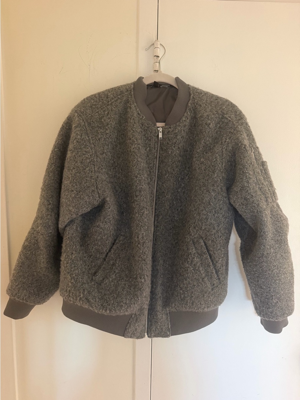 H&M Gray Plush Bomber Jacket with Ribbed Trim